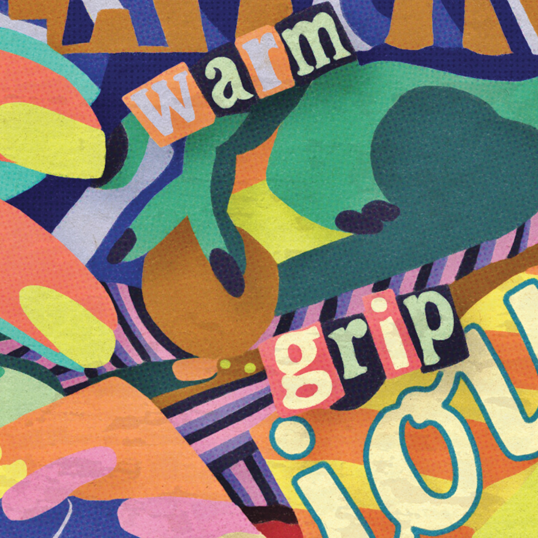 Close-up detail of the graphic work in Tócame